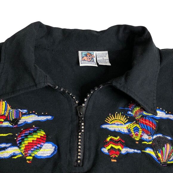 VTG Passion-I Top Womens L Black Hot Air Balloon Embroidered Bling 1/4 Zip Y2K - Picture 8 of 13